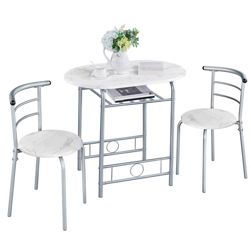 Juego de mesa de comedor de 3 piezas, mesa de cocina y sillas para 2 personas con patas de acero y estante de almacenamiento para cocina, apartamento o espacio pequeño.