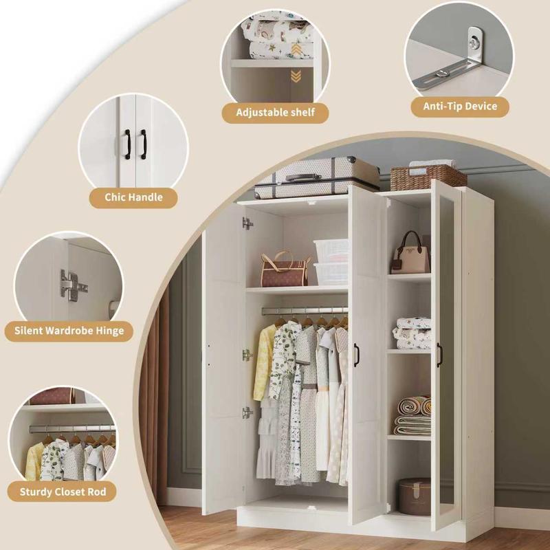Armario moderno de madera blanca de 3 puertas FUSOU - Mueble de almacenamiento independiente con espejo de cuerpo entero, estantes ajustables, barra para colgar ropa, organizador de ropa, se envía en 2 paquetes para la organización del armario del dormito