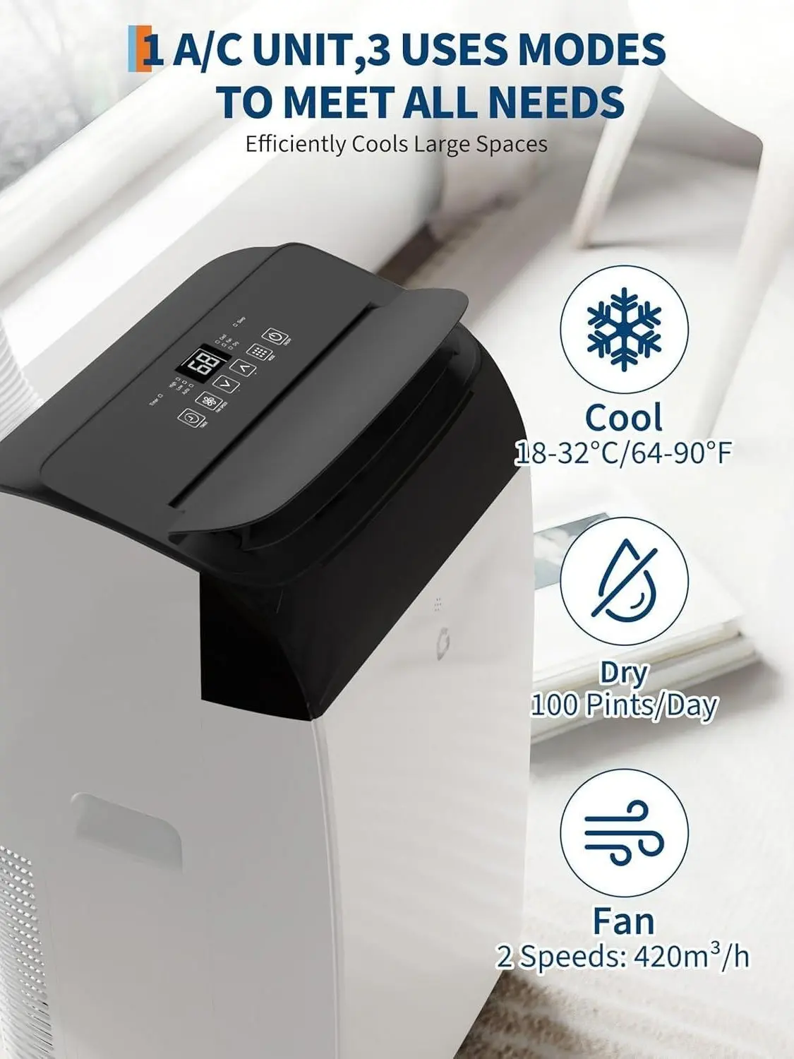Aire acondicionado portátil de 14 000 BTU con control remoto y temporizador