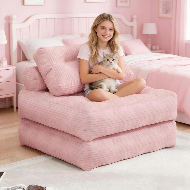 【¡Fantástico sofá cama!】 Sofá plegable Mr IRONSTONE con reposacabezas, sillón convertible con almohada y colchón plegable con respaldo, en rosa, gris y beige, ideal para espacios pequeños.