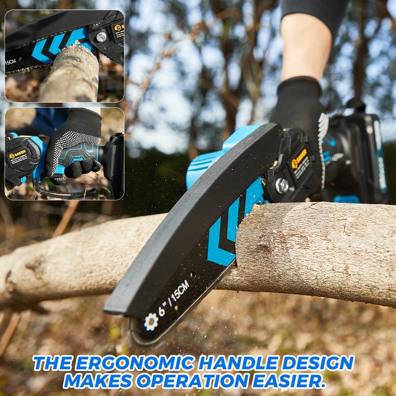 Mini motosierra Saker de 4/6 pulgadas - Batería de larga duración de 3000 mAh (2 unidades), motor de cobre puro mejorado, sierra eléctrica de una mano para hombres y mujeres, herramienta portátil para cortar madera y jardín. Regalo ideal.