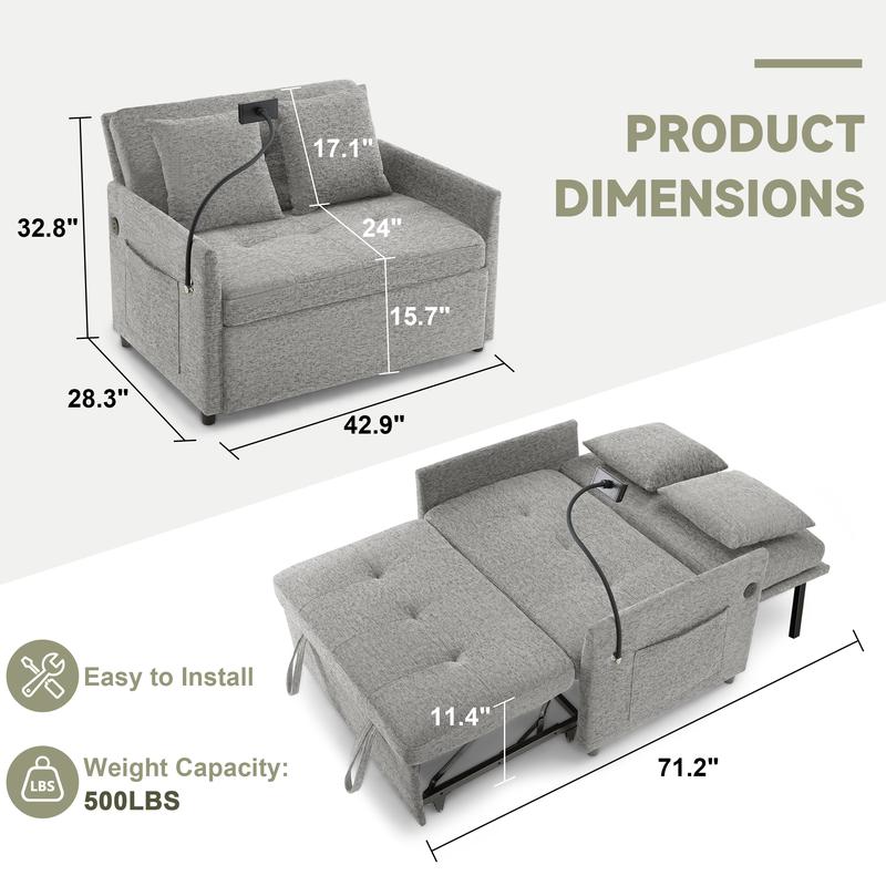 Sofá cama de dos plazas con puertos USB y tipo C, sofá cama convertible 3 en 1 con soporte para teléfono, sofá cama extraíble, sofá cama de dos plazas para sala de estar, respaldo ajustable, bolsillos laterales,