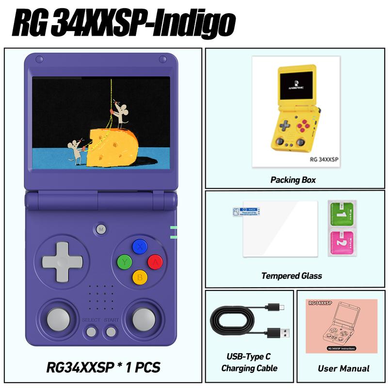 Consola de juegos portátil ANBERNIC RG34XXSP, consola de bolsillo plegable de 3,4 pulgadas, sistema Linux de 64 bits, joysticks dobles, batería de 3300 mAh, rg34xxsp-indigo-64g, Gamer Stuff, caja de regalo navideña para niños, juegos interactivos