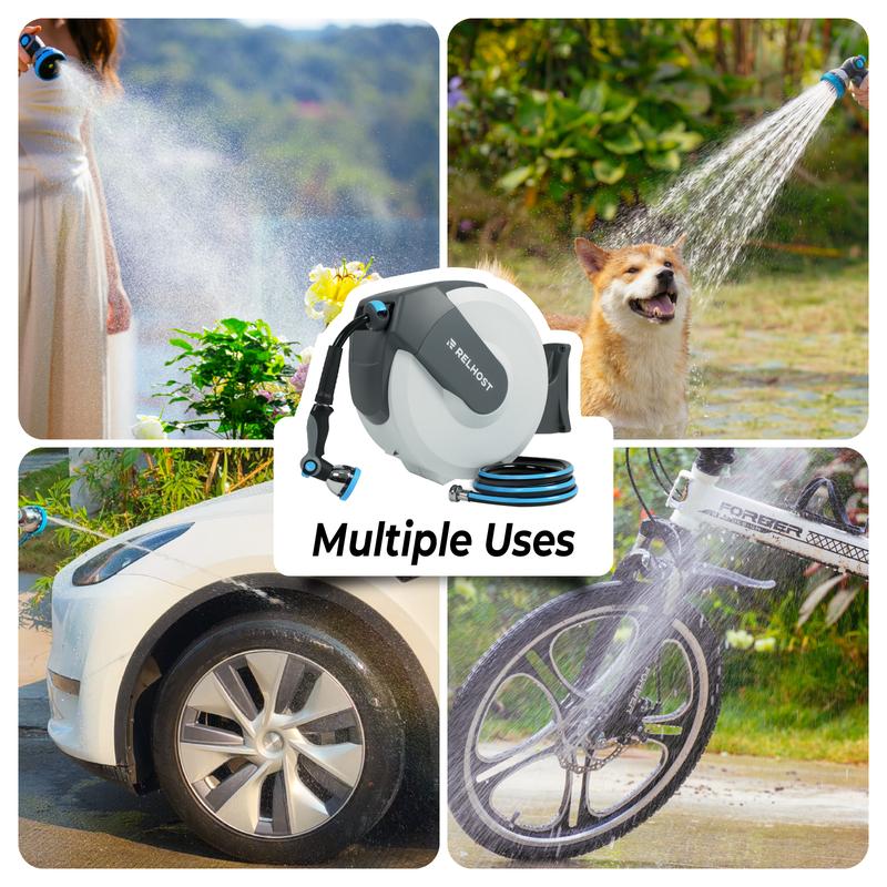 Carrete retráctil para manguera de jardín de 36,5 m a 15,2 m con sistema de bloqueo inteligente giratorio de 180° y boquilla de 10 modos para un riego sin esfuerzo. Duradero y resistente a la intemperie.