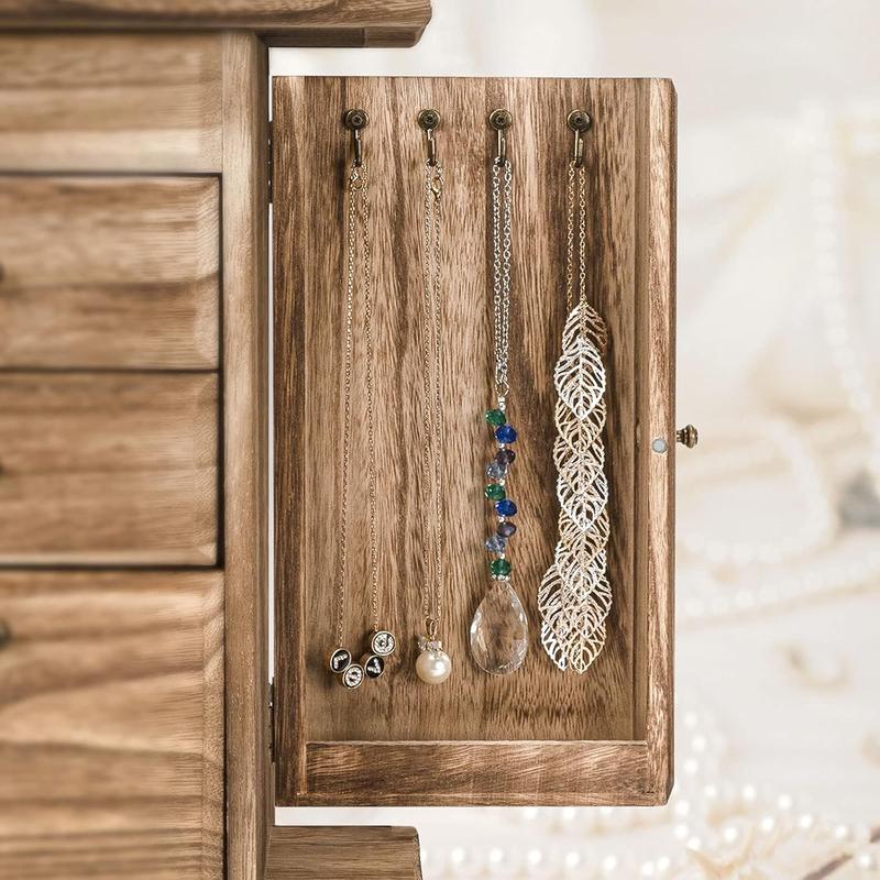 Caja de joyería Emfogo para mujer, cajas y organizadores de joyería de madera rústica con espejo, caja organizadora de joyería de 4 niveles para anillos, pendientes, collares y pulseras.