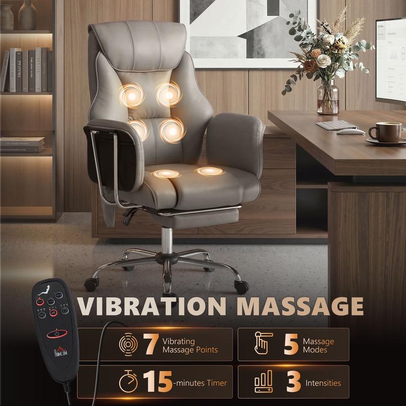 Sillón de oficina con masaje y vibración de 6 puntos, sillón reclinable acolchado con respaldo alto, tapizado en cuero sintético, reposapiés, cojín de muelles grueso, soporte lumbar, altura ajustable y ruedas giratorias.