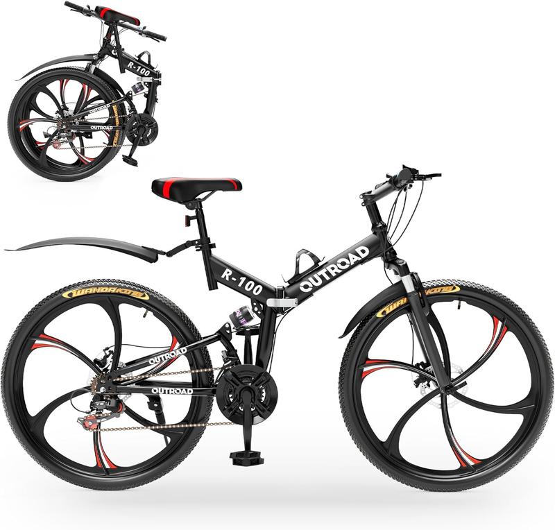 Bicicleta de montaña plegable unisex Outroad de 26 pulgadas - 21 velocidades, cuadro plegable compacto de acero de alto carbono, suspensión completa, frenos de disco dobles, bicicleta de ciclismo para adultos, negro/naranja/verde