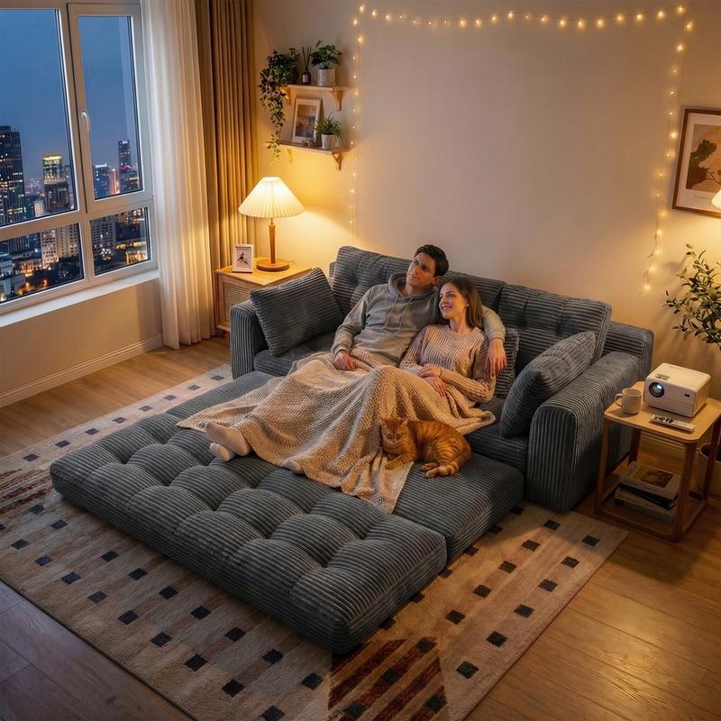 Sofá cama plegable convertible Raybee de 2-3 plazas, sofá cama extraíble sin estructura con almohadas, sofá de suelo plegable tapizado en pana con capitoné, cómodo salón con espuma de alta resiliencia y alta densidad para espacios pequeños, sala de estar
