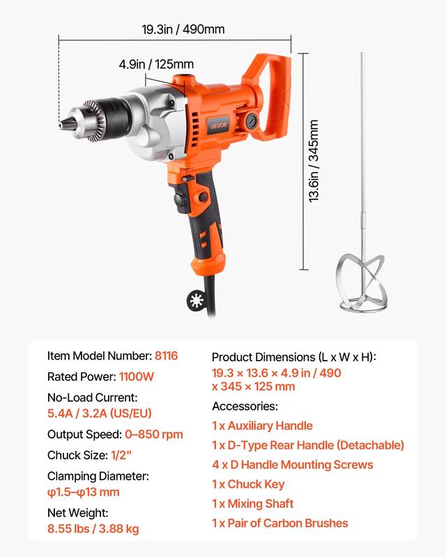 Mezcladora de taladro VEVOR, juego de mezcladora de taladro eléctrico con cable de 5/8 pulgadas, 0-850 RPM, 5.8 A, taladros mezcladores, máquina de taladros mezcladores con mango en D para taladrar y mezclar, mezcladoras de cemento portátiles para forraje