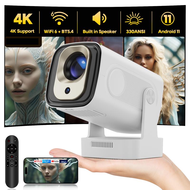 Proyector HY260 Pro con enfoque automático, compatible con 4K, 330 ANSI, Wi-Fi 6 dual, Bluetooth 5.4, resolución 1080p nativa, corrección trapezoidal automática, Android 11, altavoz integrado Allwinner H713, cine en casa, películas al aire libre, Summervi
