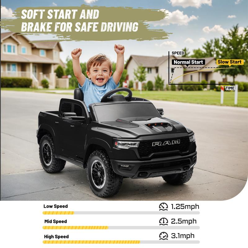 Primer coche eléctrico infantil Dodge RAM 1500 con control remoto, suspensión en las 4 ruedas, cinturón de seguridad de 5 puntos, Bluetooth MP3, luces LED, juguete eléctrico para niños de 3 a 6 años, el mejor regalo de Navidad para niños, Black Friday