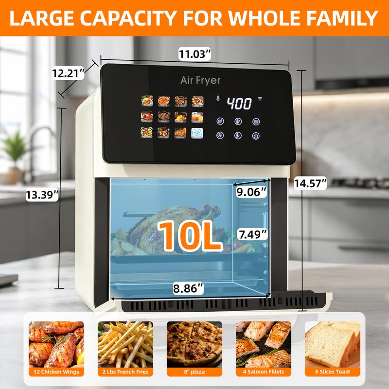 Horno freidora de aire XL Pro de 10 litros con función de parrilla integrada para encimera de cocina, horno de convección inteligente 12 en 1, freidora de aire con ventana de cristal, cesta antiadherente, revestimientos para freír, puerta extraíble - Blan