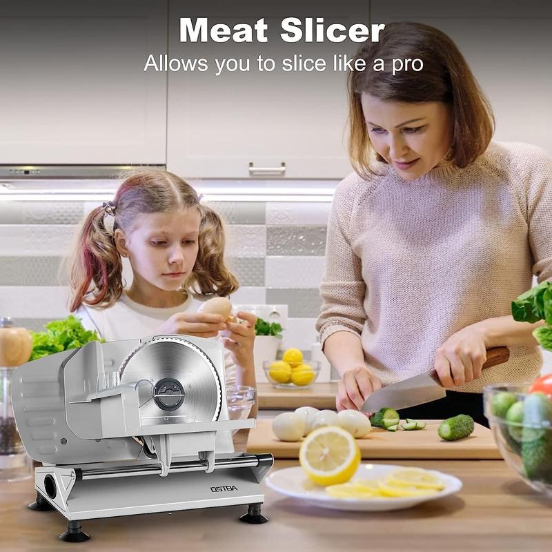 Cortadora de carne eléctrica para el hogar, cortadora de alimentos con cuchillas extraíbles de acero inoxidable de 17 cm (6,7 pulgadas), grosor ajustable de 0 a 15 mm, fácil de limpiar, 150 W, ideal para embutidos, queso, pan y frutas.