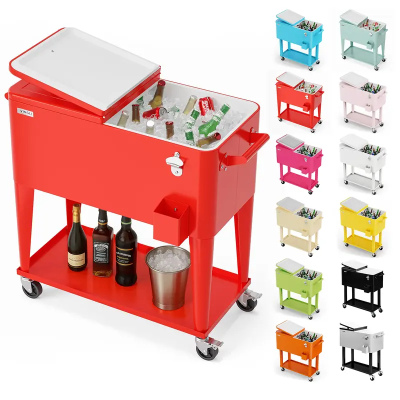 Nevera portátil con ruedas VINGLI de 80 cuartos, ideal para fiestas en el patio, con estante, dispensador de bebidas con abridor de botellas y pipa de agua. Regalo para el Día del Padre.