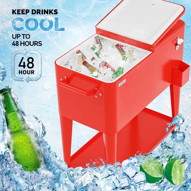 Nevera portátil con ruedas VINGLI de 80 cuartos, ideal para fiestas en el patio, con estante, dispensador de bebidas con abridor de botellas y pipa de agua. Regalo para el Día del Padre.