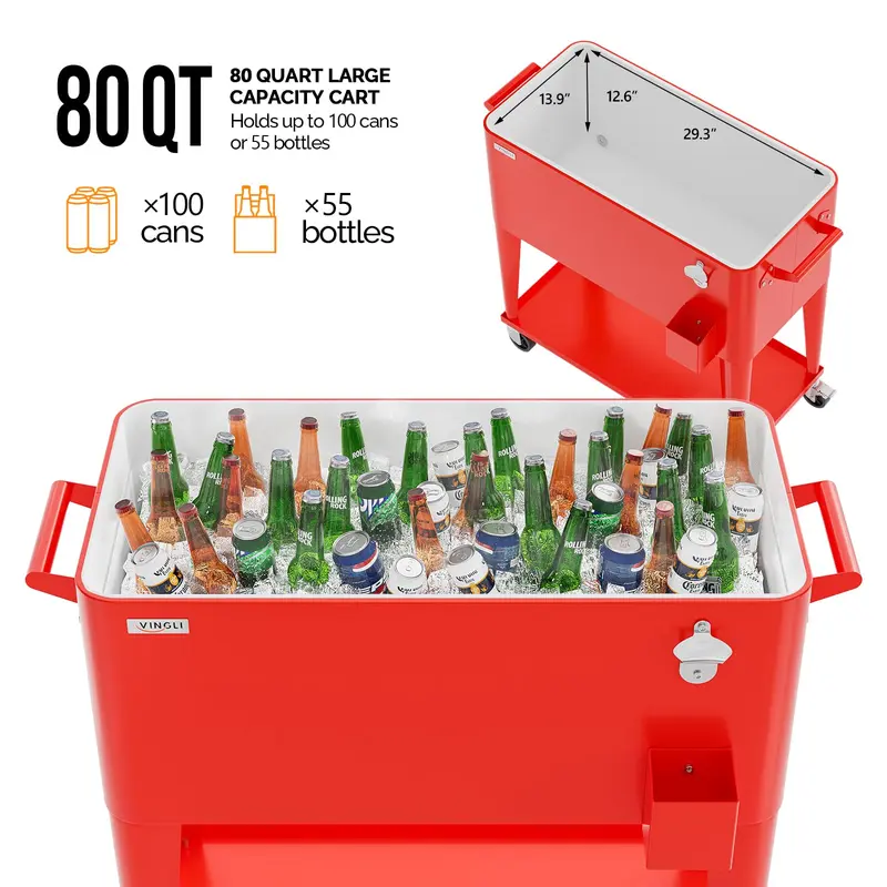 Nevera portátil con ruedas VINGLI de 80 cuartos, ideal para fiestas en el patio, con estante, dispensador de bebidas con abridor de botellas y pipa de agua. Regalo para el Día del Padre.