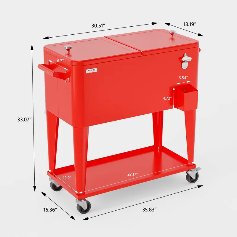 Nevera portátil con ruedas VINGLI de 80 cuartos, ideal para fiestas en el patio, con estante, dispensador de bebidas con abridor de botellas y pipa de agua. Regalo para el Día del Padre.