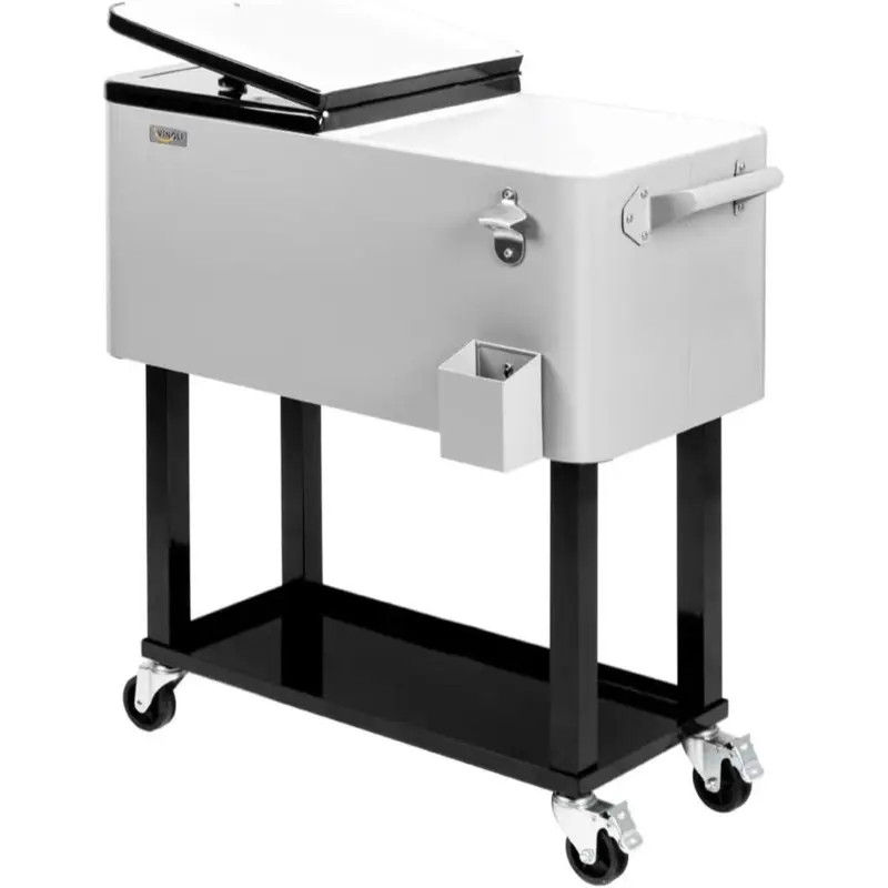 Nevera portátil con ruedas VINGLI de 80 cuartos, ideal para fiestas en el patio, con estante, dispensador de bebidas con abridor de botellas y pipa de agua. Regalo para el Día del Padre.