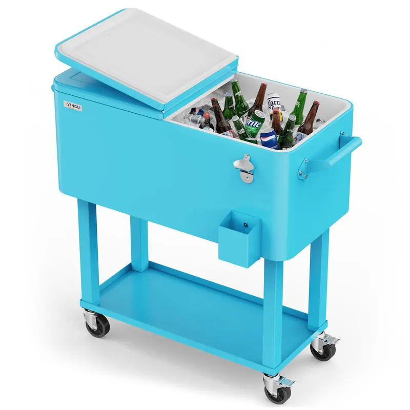 Nevera portátil con ruedas VINGLI de 80 cuartos, ideal para fiestas en el patio, con estante, dispensador de bebidas con abridor de botellas y pipa de agua. Regalo para el Día del Padre.
