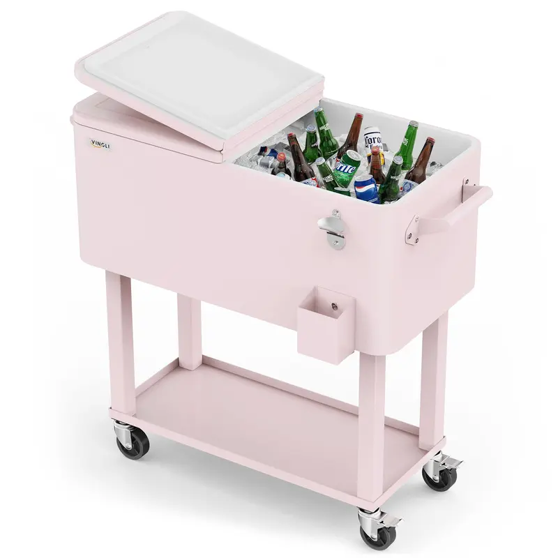 Nevera portátil con ruedas VINGLI de 80 cuartos, ideal para fiestas en el patio, con estante, dispensador de bebidas con abridor de botellas y pipa de agua. Regalo para el Día del Padre.