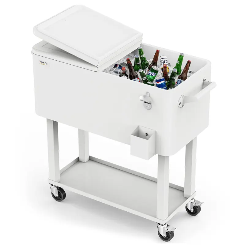 Nevera portátil con ruedas VINGLI de 80 cuartos, ideal para fiestas en el patio, con estante, dispensador de bebidas con abridor de botellas y pipa de agua. Regalo para el Día del Padre.
