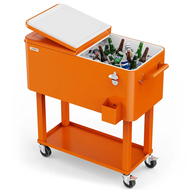 Nevera portátil con ruedas VINGLI de 80 cuartos, ideal para fiestas en el patio, con estante, dispensador de bebidas con abridor de botellas y pipa de agua. Regalo para el Día del Padre.