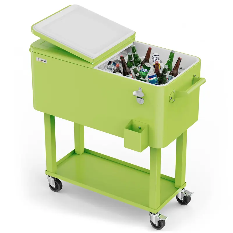 Nevera portátil con ruedas VINGLI de 80 cuartos, ideal para fiestas en el patio, con estante, dispensador de bebidas con abridor de botellas y pipa de agua. Regalo para el Día del Padre.