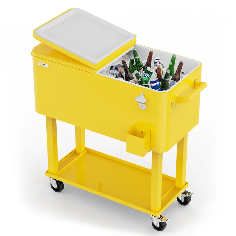 Nevera portátil con ruedas VINGLI de 80 cuartos, ideal para fiestas en el patio, con estante, dispensador de bebidas con abridor de botellas y pipa de agua. Regalo para el Día del Padre.