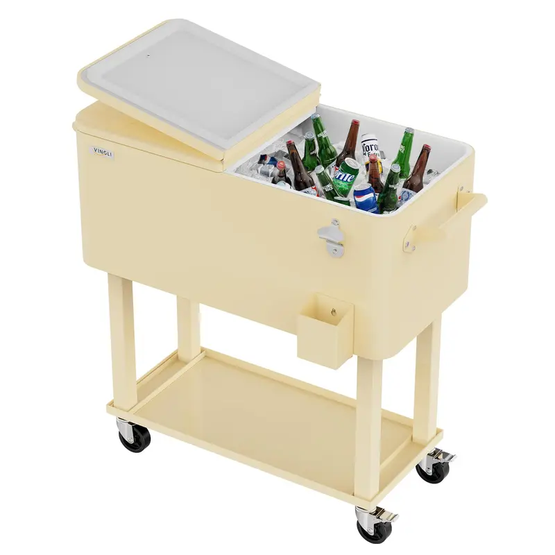 Nevera portátil con ruedas VINGLI de 80 cuartos, ideal para fiestas en el patio, con estante, dispensador de bebidas con abridor de botellas y pipa de agua. Regalo para el Día del Padre.