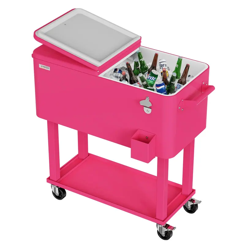 Nevera portátil con ruedas VINGLI de 80 cuartos, ideal para fiestas en el patio, con estante, dispensador de bebidas con abridor de botellas y pipa de agua. Regalo para el Día del Padre.