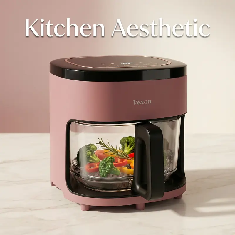 Freidora de aire VEXON Aesthetic de cristal rosa de 4,5 litros – Freidora de aire digital 6 en 1 con ventana de visualización, 97 % menos de aceite, silenciosa y fácil de limpiar, un regalo perfecto para tu hija.
