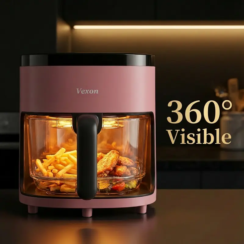 Freidora de aire VEXON Aesthetic de cristal rosa de 4,5 litros – Freidora de aire digital 6 en 1 con ventana de visualización, 97 % menos de aceite, silenciosa y fácil de limpiar, un regalo perfecto para tu hija.
