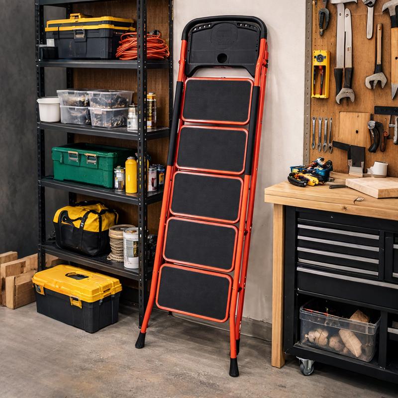 Escalera portátil resistente de 5 peldaños, capacidad de 363 kg (800 lbs), plegable con pasamanos y bandeja para herramientas, ideal para proyectos de cocina y bricolaje.