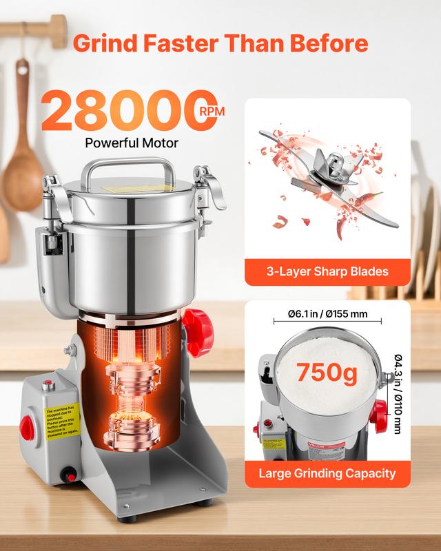 Molino eléctrico de granos de 750 g, 2000 W, 28000 RPM, alta velocidad, para moler especias, maíz y otros ingredientes secos. Máquina pulverizadora de acero inoxidable para granos secos, granos de café, especias y frutos secos (tipo oscilante de 270°).