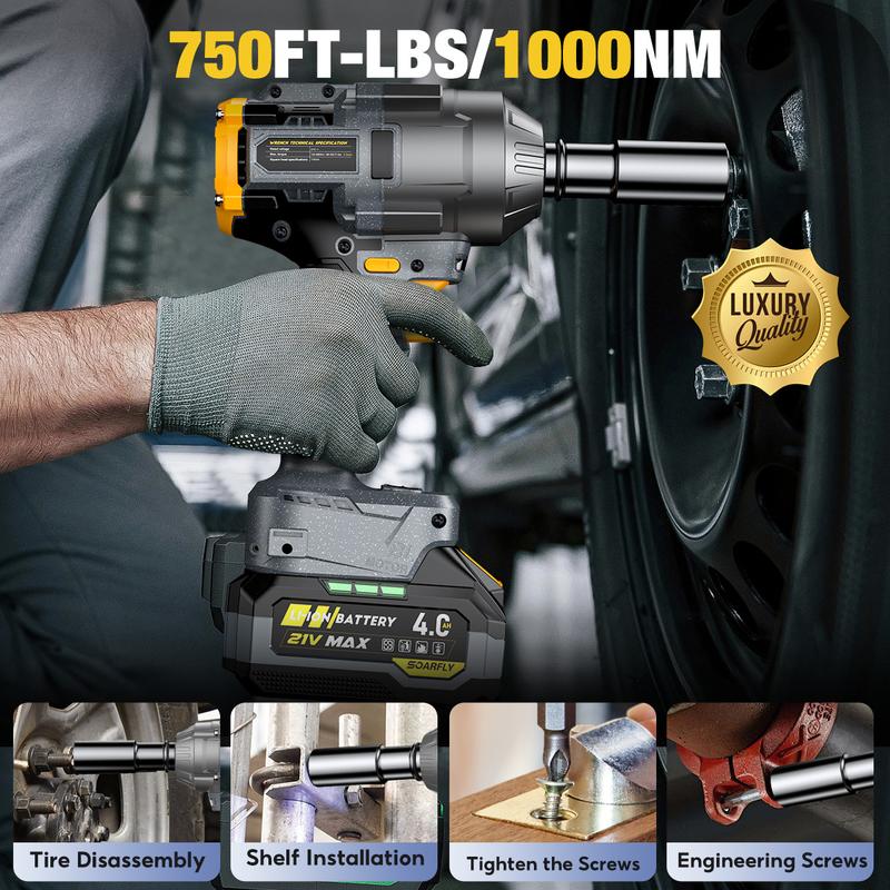 Llave de impacto SOARFLY 1000NM, 2 baterías de 4.0Ah, cargador rápido, 6 puntas de destornillador, 8 brocas, 6 vasos, para automóviles, camiones, herramientas eléctricas inalámbricas, llave de impacto inalámbrica