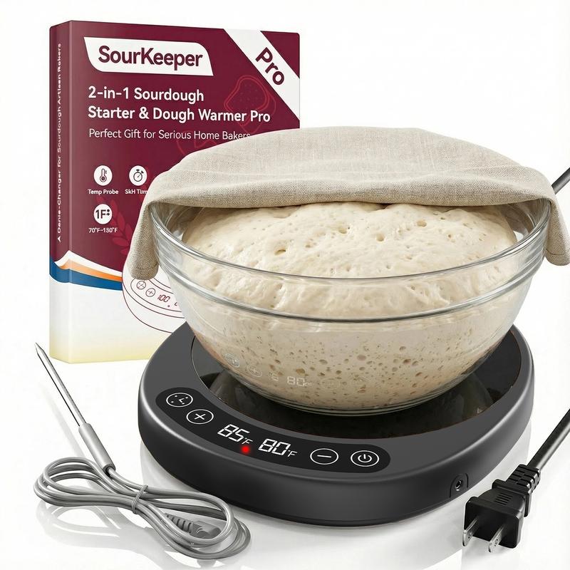 Calentador de masa madre SourKeeper Pro 2 en 1, herramientas para hornear en casa, modelo 2026 mejorado con placa calefactora más grande, sonda de temperatura de la masa con control de 1 °F (21-43 °C), temporizador de 24 horas y monitoreo en tiempo real p