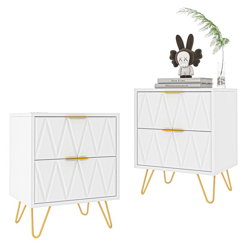 2 mesitas de noche modernas de 2 cajones - Almacenamiento para dormitorio, exquisitas y duraderas mesitas de noche con patas de metal dorado, muebles para sala de estar, muebles para habitación