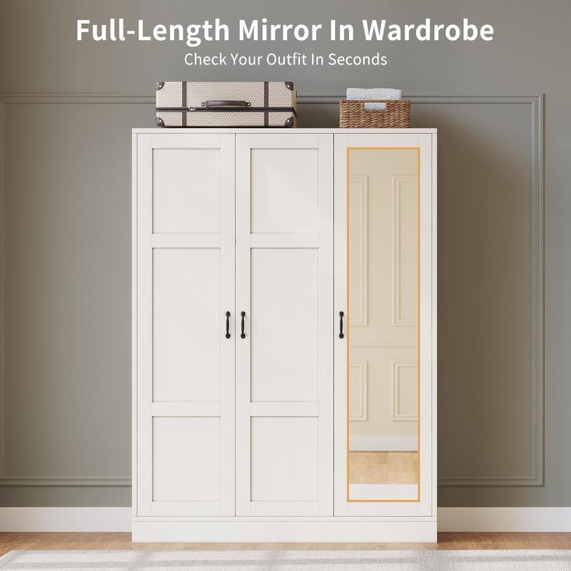 Armario moderno de madera blanca de 3 puertas FUSOU - Mueble de almacenamiento independiente con espejo de cuerpo entero, estantes ajustables, barra para colgar ropa, organizador de ropa, se envía en 2 paquetes para la organización del armario del dormito