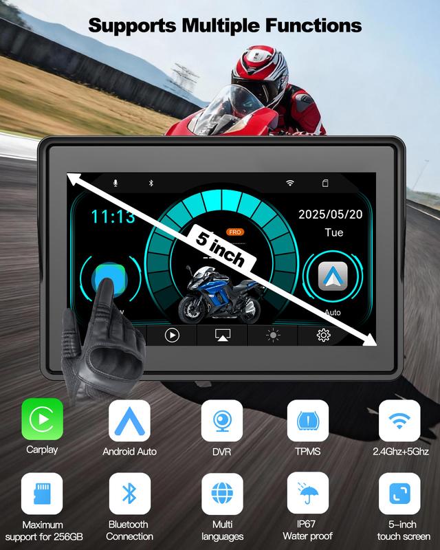 Pantalla para cámara de salpicadero de motocicleta con CarPlay, 5 pulgadas, legible a la luz del sol, resistente al agua y portátil, CarPlay inalámbrico y Android Auto, montaje rápido en el manillar, pantalla táctil con cámaras duales delantera y trasera