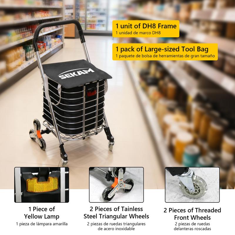 Carro plegable compacto SEKAM - Carro de tres ruedas resistente para subir escaleras con ruedas giratorias de 360°, carrito rodante para personas mayores, para compras, carro plegable, carro plegable plano, carro plegable multifuncional