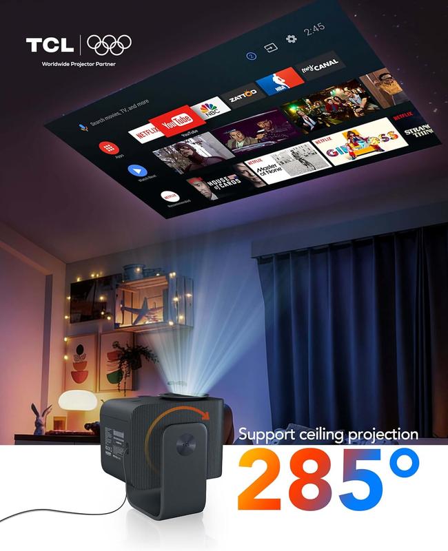 Proyector inteligente TCL C1 con soporte 4K, licencia oficial de Google TV y Netflix, Wi-Fi y Bluetooth, corrección trapezoidal con enfoque automático, resolución nativa 1080p, audio Dolby, miniproyector portátil de 285° para cine en casa.