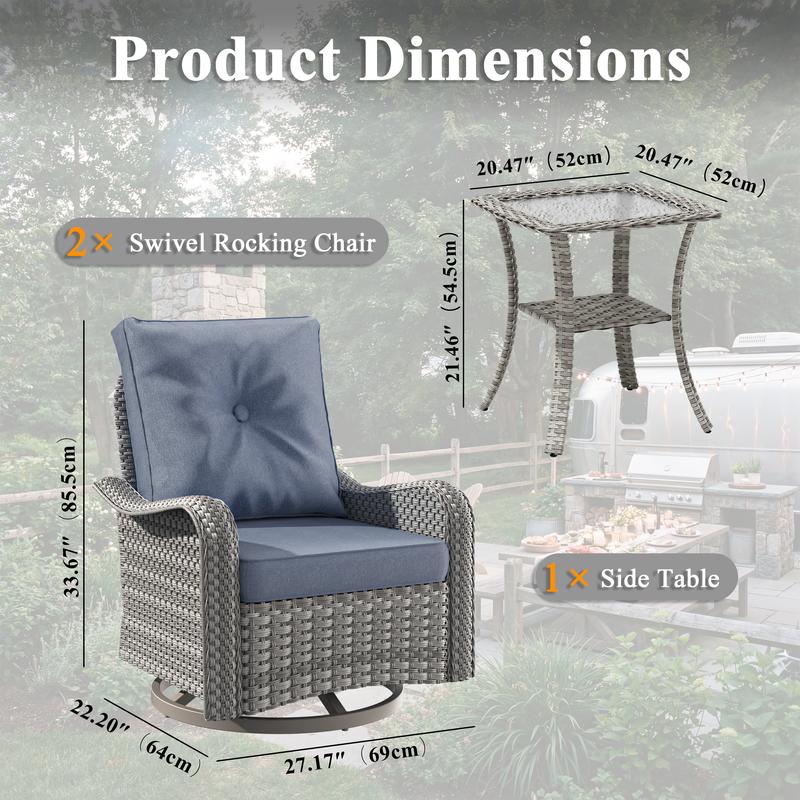 Conjunto moderno de muebles de exterior de mimbre de 3 piezas: sillas de exterior mecedoras de respaldo alto con asiento profundo y cojines de 10 cm, mesa auxiliar resistente a la decoloración, ratán PE resistente a la intemperie para jardín, patio traser
