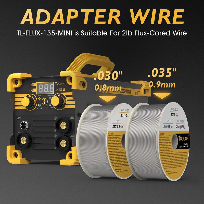 Soldadora MIG sin gas TOOLIOM FLUX-135-MINI de 110 V - Máquina de soldadura 3 en 1 de 135 A con núcleo fundente/TIG/electrodo revestido para principiantes, soldadora portátil con alimentador de alambre inverter, incluye guantes y alambre E71T-GS.