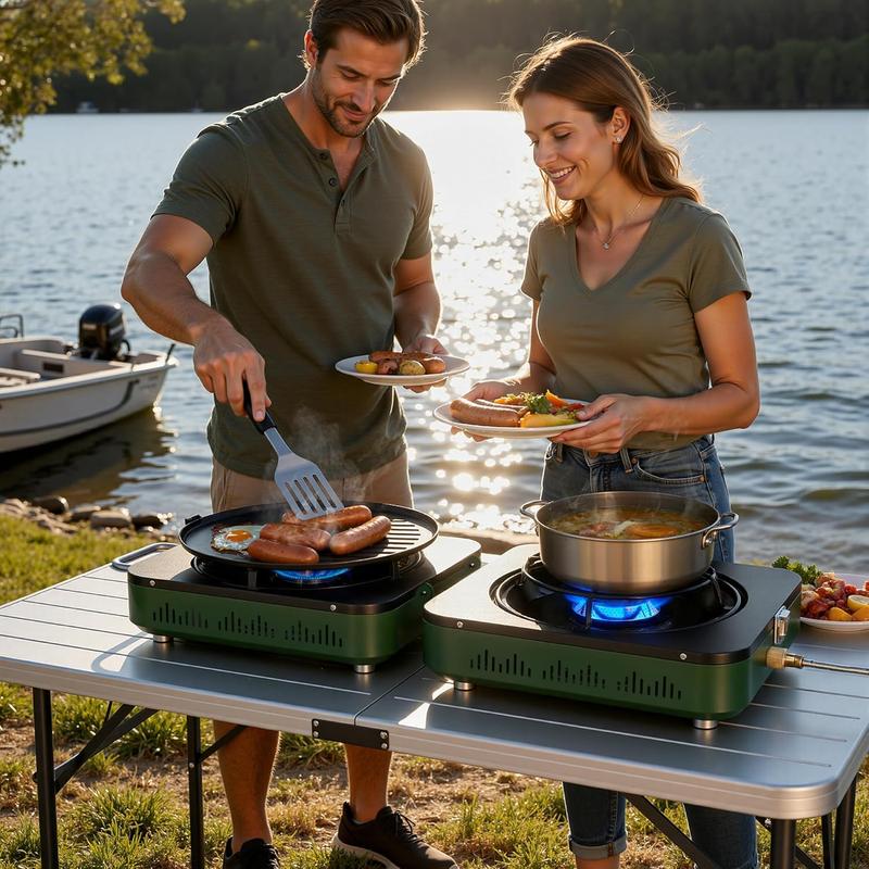 Estufa de camping de propano de 2 quemadores, estufa portátil, estufa de gas plegable, incluye sartén y bolsa de transporte para camping, uso de emergencia y cocina al aire libre outdoorfun