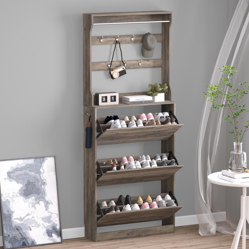 Zapatero ajustable con acabado natural y almacenamiento oculto, zapatero con 3 cajones abatibles, zapatero estrecho, organizador independiente para muebles multifuncionales de tamaño reducido