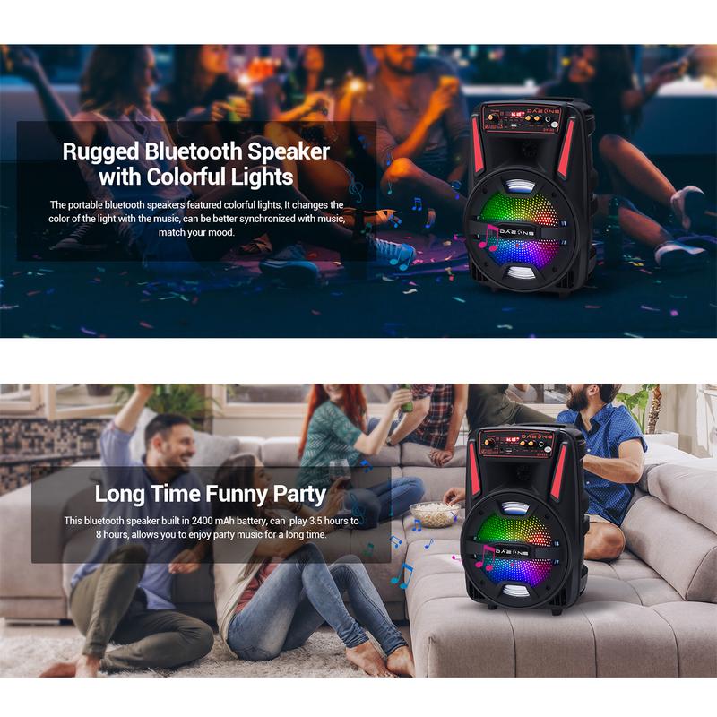 Altavoz portátil Bluetooth PA con subwoofer de 8", altavoz inalámbrico recargable con micrófono, radio FM y LED.