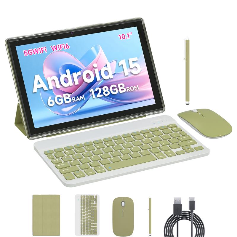 Tablet Android 15.0 de 10,1", 20 GB 6+14 RAM, 128 GB ROM + 1 TB expandible, Octa-Core de 2,0 GHz, WiFi 6 5G y Bluetooth 5.0 con teclado, ratón y lápiz óptico, paquete completo, tabletas perfectas con pantalla táctil.