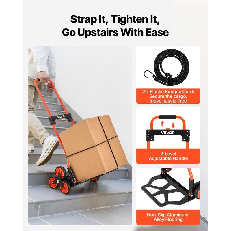 【Summerfinds】VEVOR Stair Climbing Dolly - 120 lbs Capacity, Portable Foldable Ergonomic Durability Cart, Telescoping Handle, 6 Large Wheel Carts, 2 Bungee Cords for Home, Groceries, Durability Carts