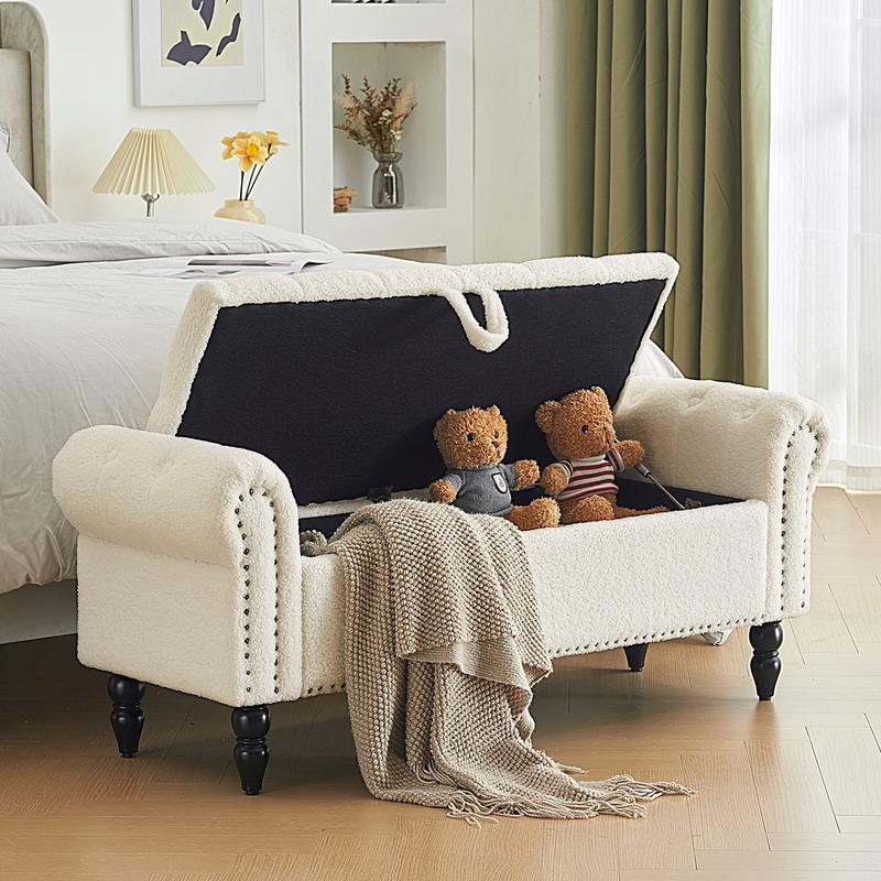 Banco otomano con almacenamiento para cama Queen/King, banco tapizado para el pie de la cama con brazos enrollados para dormitorio, sala de estar, recibidor, taburete acolchado suave, reposapiés