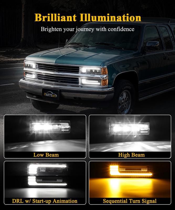 Conjunto de faros LED homologados por el DOT para Silverado C/K 1500/2500/3500 88-98, 6500K con intermitentes secuenciales, luz diurna con animación de arranque y luz alta/baja.